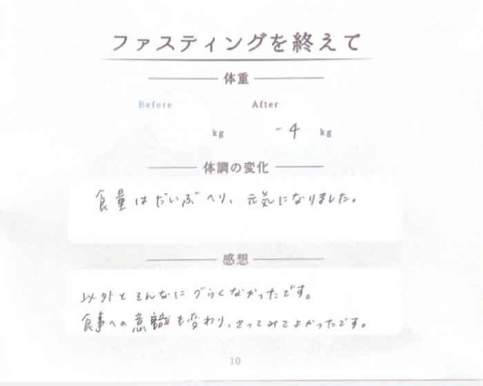 【アンケート】イベントに向けてダイエット目的で開始！むくみがとれ減量もでき、食事の意識が変わりました。（ファスティング）